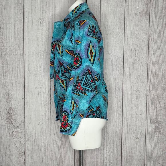 VTG 80s Wrangler Teal/Multicolor Aztec Western Button Up, size Medium - Picture 6 of 9